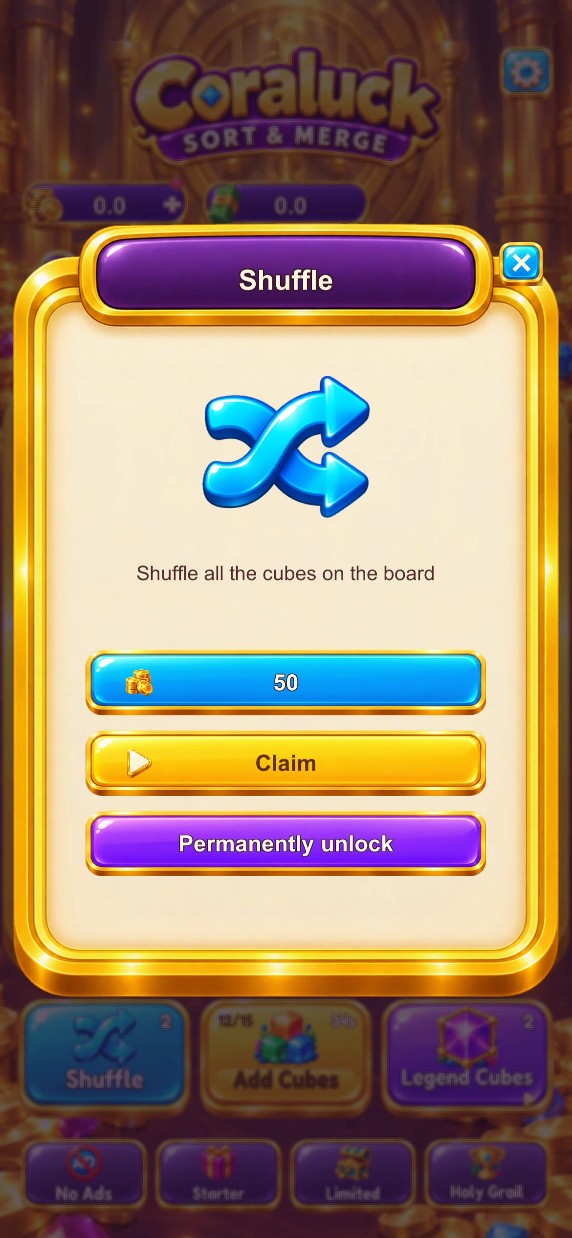 The Coraluck Shuffle panel, with the blue shuffle tool and its gold action button.