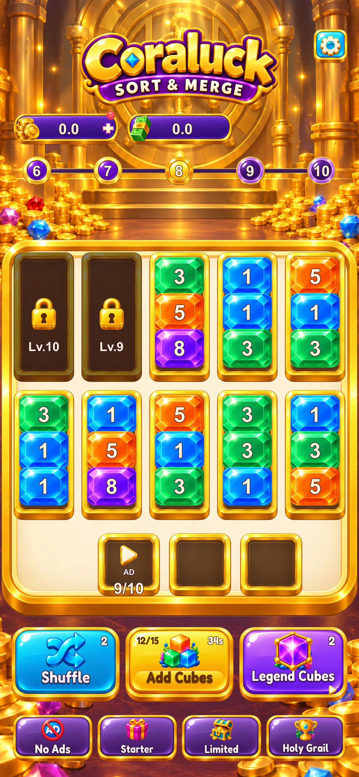 Coraluck's gold-framed board with ten slots, colorful numbered cubes, and three temporary spaces.